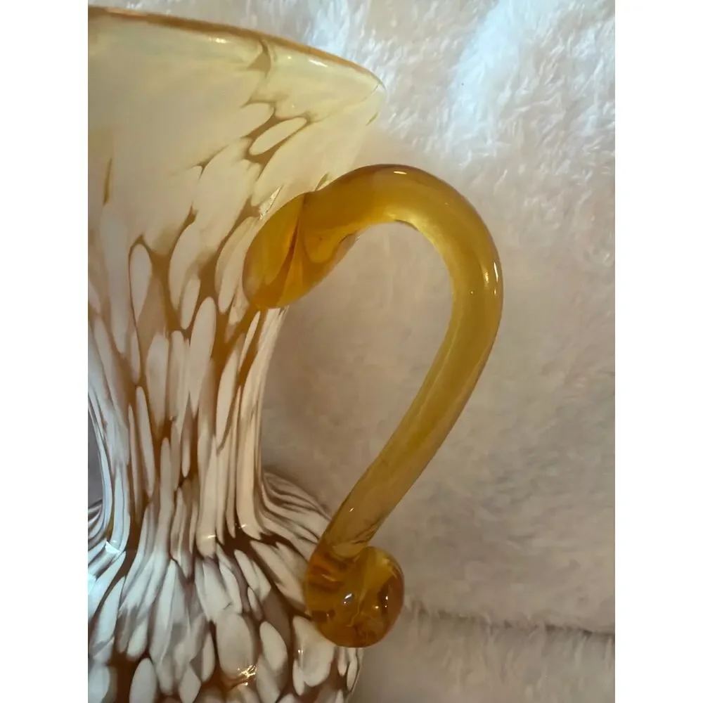 Vintage Amber White Spatter Cased Art Glass Pitcher Vase Applied Handle 5